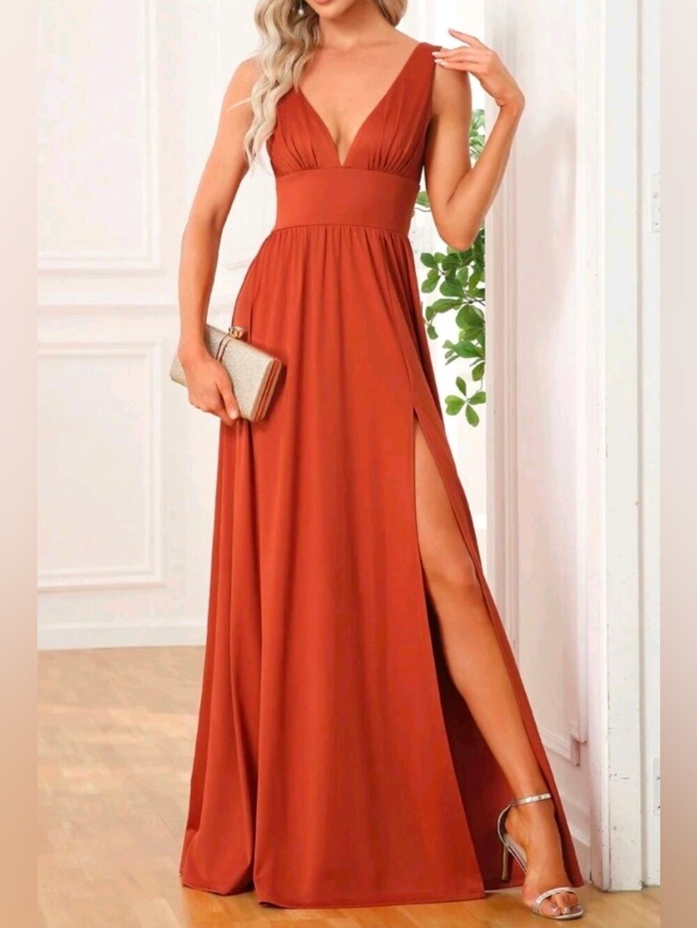 New Luxe Deep V Split Leg Maxi Dress Flowy Rust Orange - Picture 5 of 9